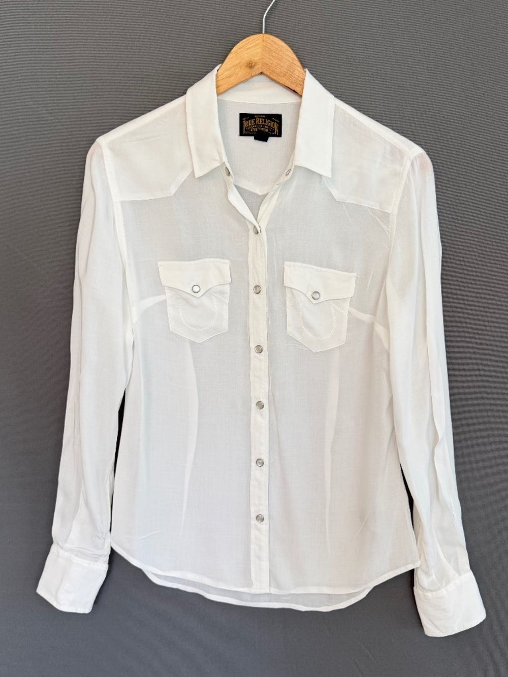 TRUE RELIGION Women’s Small White Semi Sheer Pearl Snap Front Western Shirt